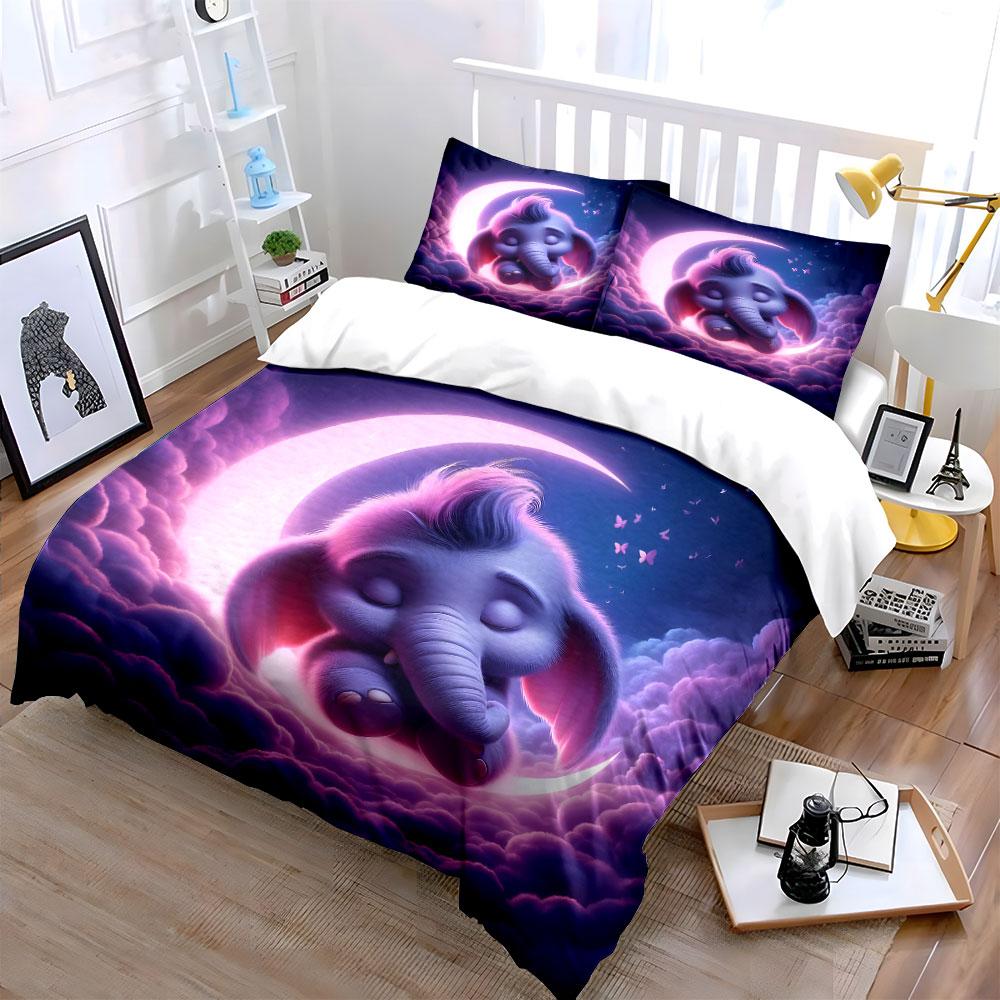3pcs Dreamy moon and sleeping baby elephant Print Bedding Set 1 Duvet Cover 2 Pillowcases for Adult and Children Luxury Gift