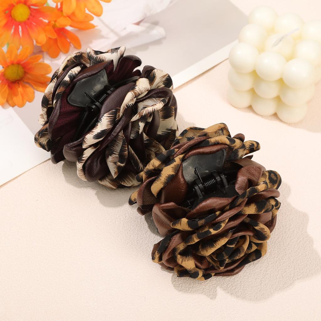 AWAYTR Solid Color Leopard Rose Hair Claws Fabric Hair Clips Crab For Women Girl Gift Hair Accessories Valentine Headwear