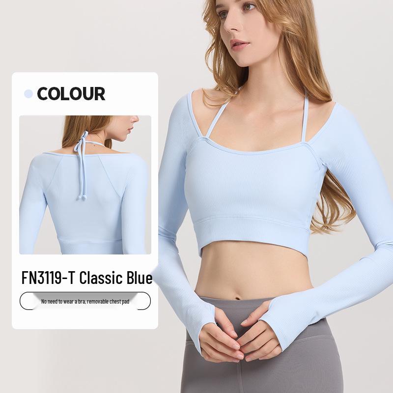 Women's Ribbed Halter Neck Yoga Top with Long Sleeves and Pads - High Elastic Cropped Fitness Top for Autumn/Winter