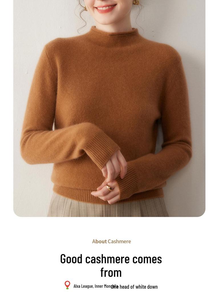 Women's Cashmere Knit Pullover: Seven-Stitch Rolled Hem, Half-High Collar, Solid Color Sweater