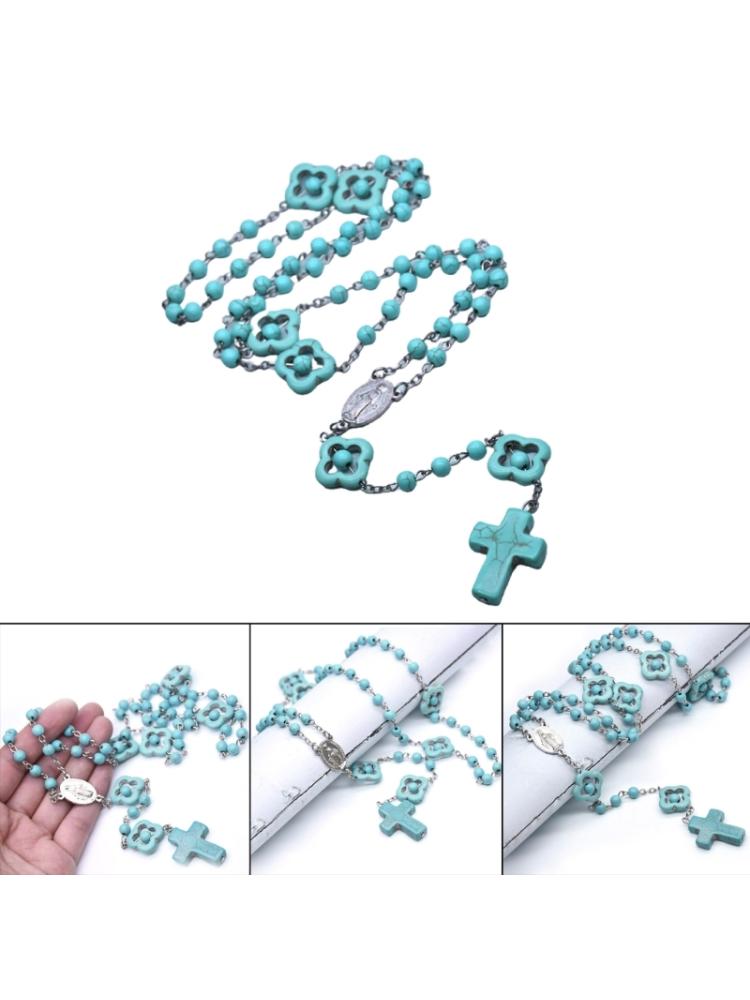 Blå turkosa pärlor Rosenkranshalsband katolska korshängande halsband för kvinnor Smycken Meditation Kristen Religiös