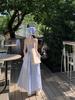 French Blue Checkered Spaghetti Strap Sleeveless Tank Dress - Women's Summer 2025 Seaside Vacation Long Dress