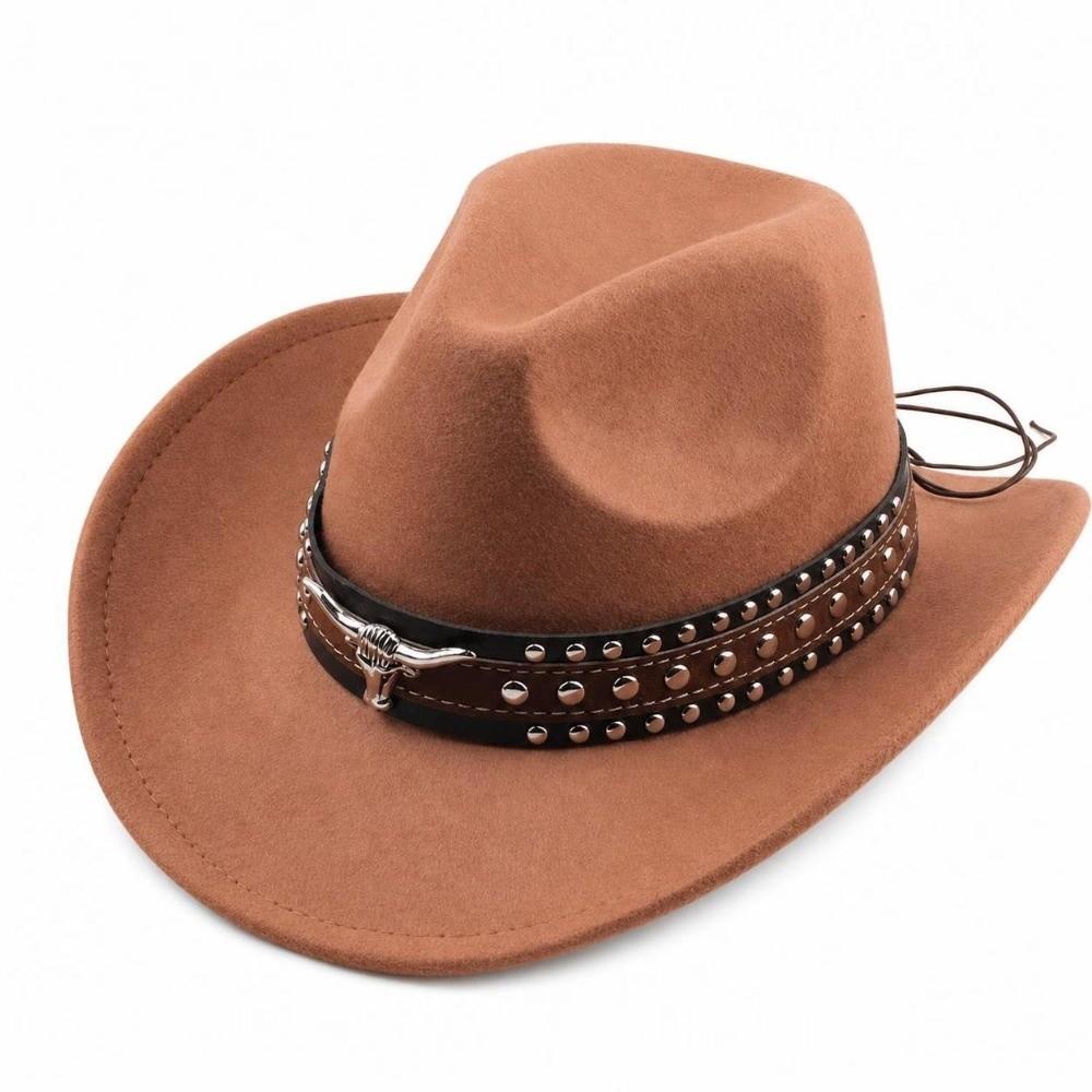 Wide Brim Western Cowboy Hat Ox Head Decorative Studded Leather Cap Tibetan Style Top Hat  Party