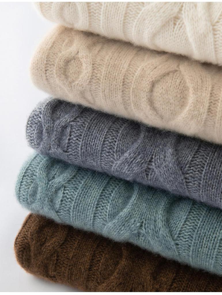 Women's Round Neck Cable Knit Cashmere Sweater - 2026 Autumn/Winter, Gentle Style, Solid Color, Thick and Warm Base Layer.