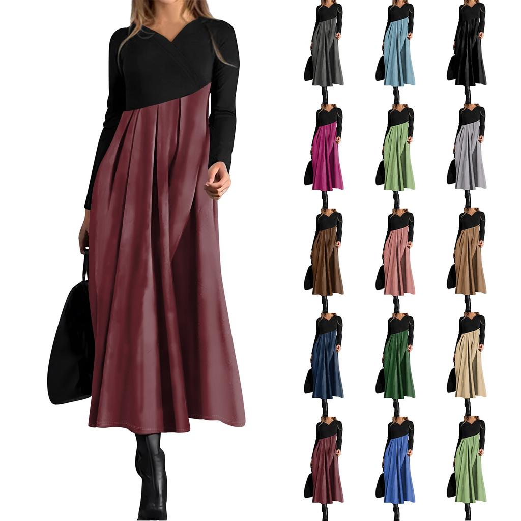 Ladies' Casual V-neck Long Sleeved Dress Color Loose And Oversized Dress