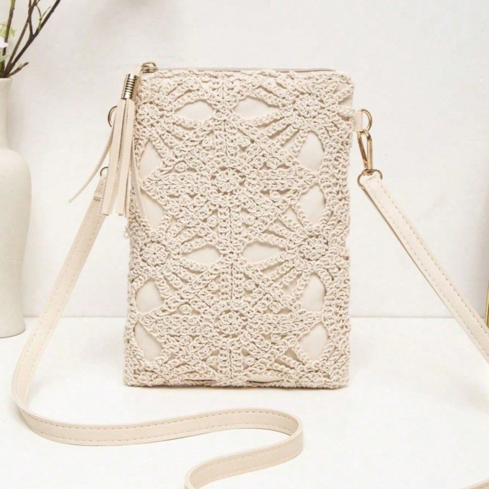 Sac au Crochet à Maille Ajourée Une Épaule Rétro Décontracté Plage Fleur Sac pour Téléphone Portable B multicolore