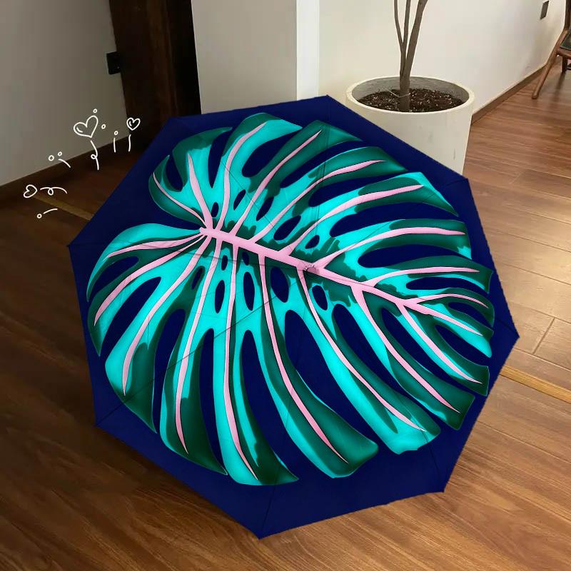 1pc Monstera Leaf Pattern Automatic Folding Umbrella, Heavy Duty 8 Rib Iron Frame,  Suitable for Travel, Daily Use, Birthday, Decor Gift  73