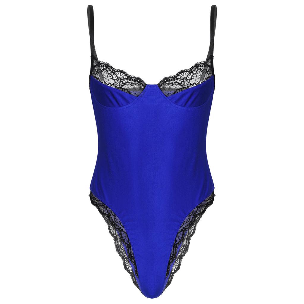 Mens Lace Patchwork Sissy Crossdresser Bodysuit Sexy Jumpsuit Slim Tops Skinny Nightwear