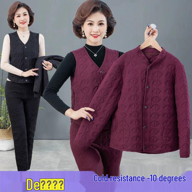 Women's Winter 3-Piece Set: Silk Cotton Coat & Outerwear for Middle-Aged