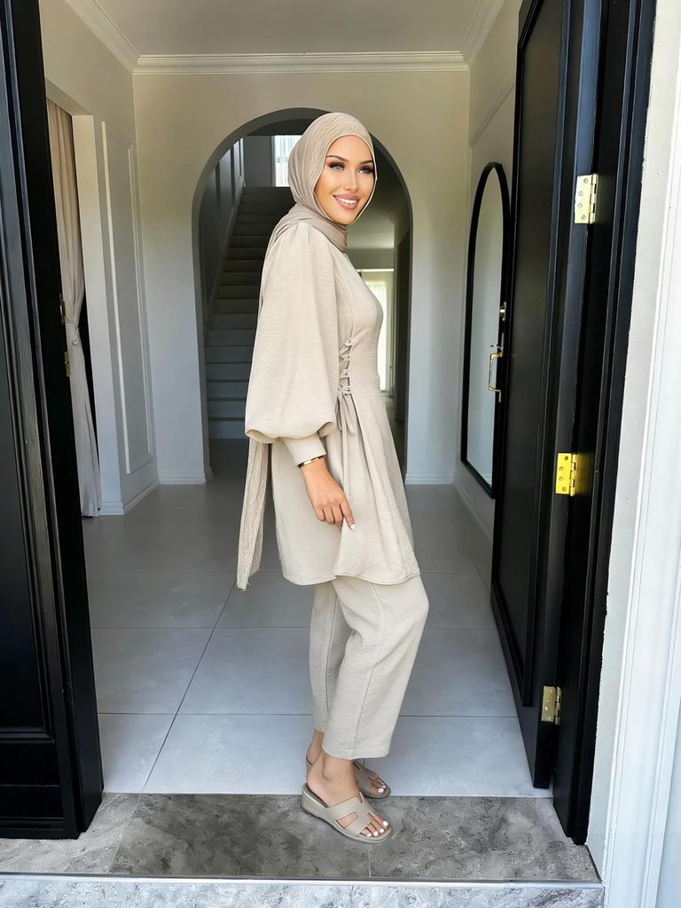 Women's Solid Color Two-Piece Set: Fashionable Top & Pants for Middle Eastern Style