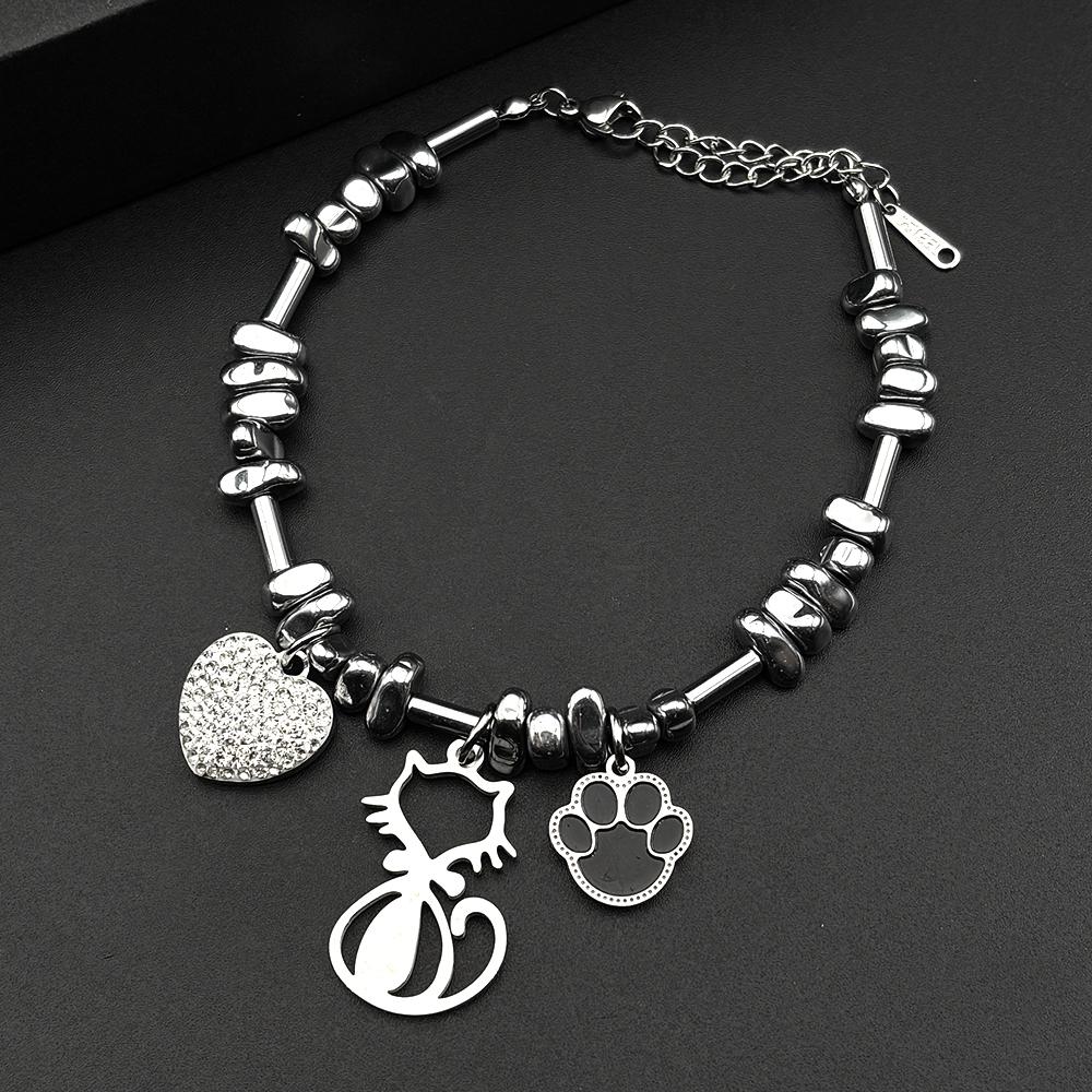 Y2K Sweet Kitty Paw Bracelet For Women Men Stainless Steel Silver Color Love Heart Rhinestone Cat Hand Chain Jewelry Gifts