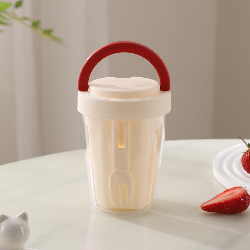 Dripable Fruit Cup with Fork Food Grade Student Portable Picnic Storage Bucket Plastic Cup Sealed Leak Proof Salad Cup 1PC