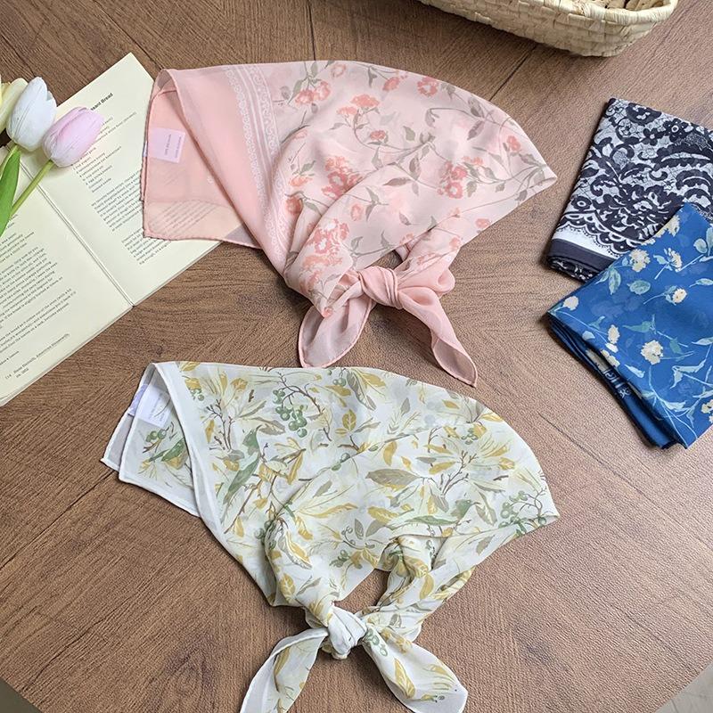Georgette silk scarf neck small square scarf neck protection scarf fresh floral headscarf summer women's pastoral headband hair accessories
