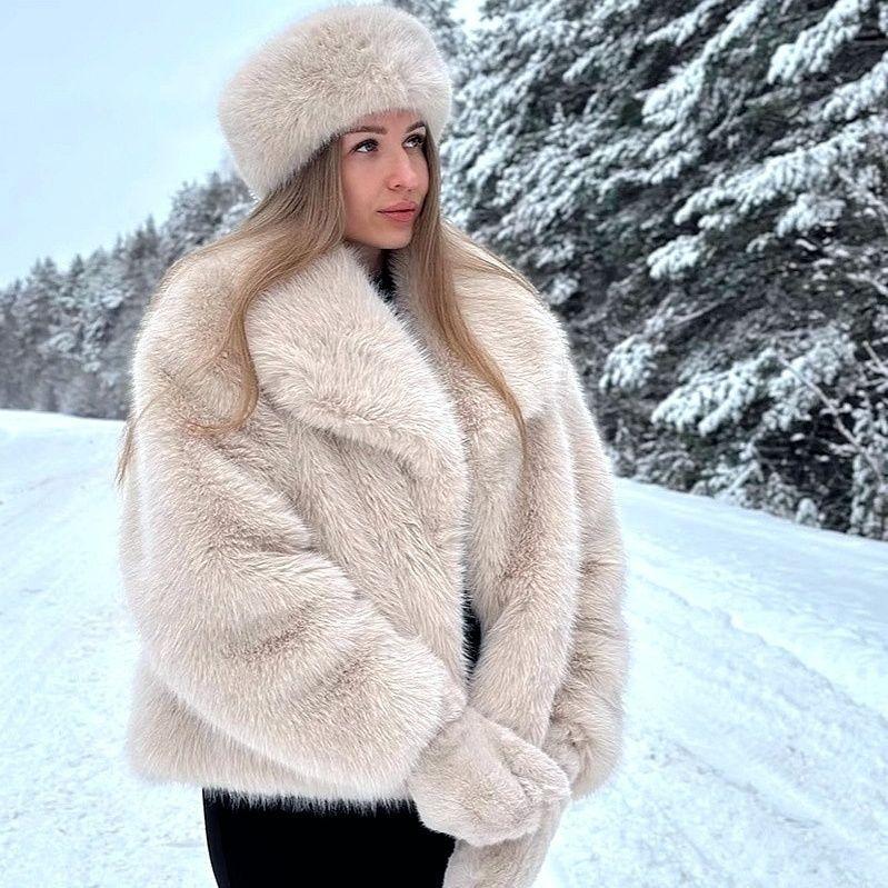 Winter leopard print fur jacket imitation mink hair large lapel women's top fluff loose short