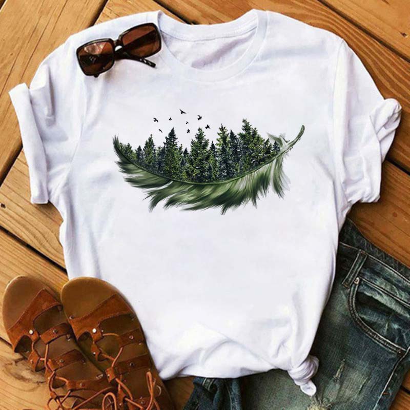 Fashion Women T Shirt Funny Butterfly Feather Print Tshirt T Shirt Summer Short Sleeve Tops Tee Female Feather T-shirts