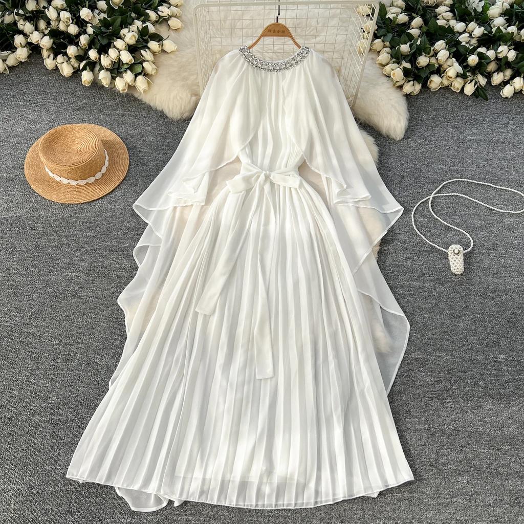 Elegante vestido largo plisado de gasa con cuello redondo, cordones y mangas estilo capa vintage para mujer, ropa de calle de moda