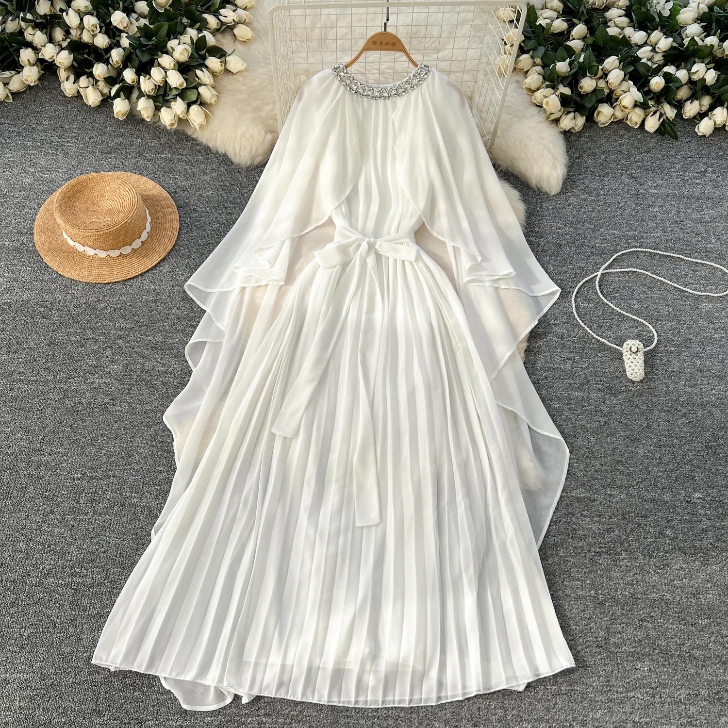 

Элегантный горный хрусталь О-образный вырез шнуровка винтажный плащ рукав шикарный шифон тонкий длинный плиссированные платья мода женщины High Street одежда One Size белый