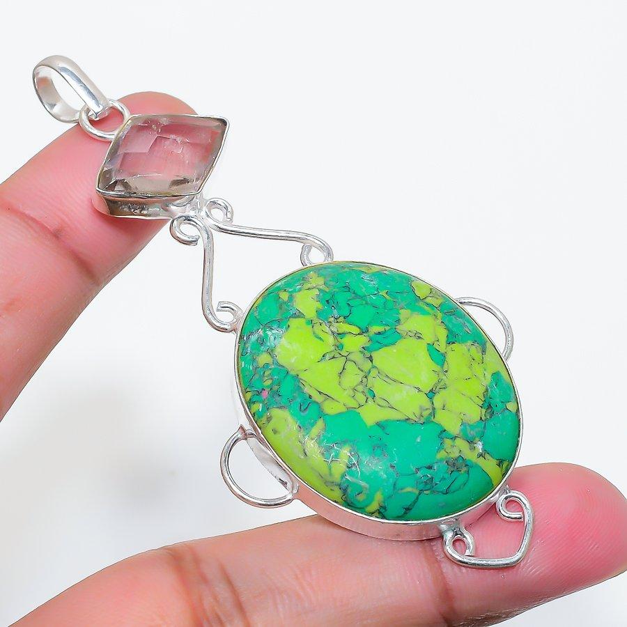 Pendente in Argento Sterling 925 con Turchese Verde Rame Naturale 3,07" AP-16115