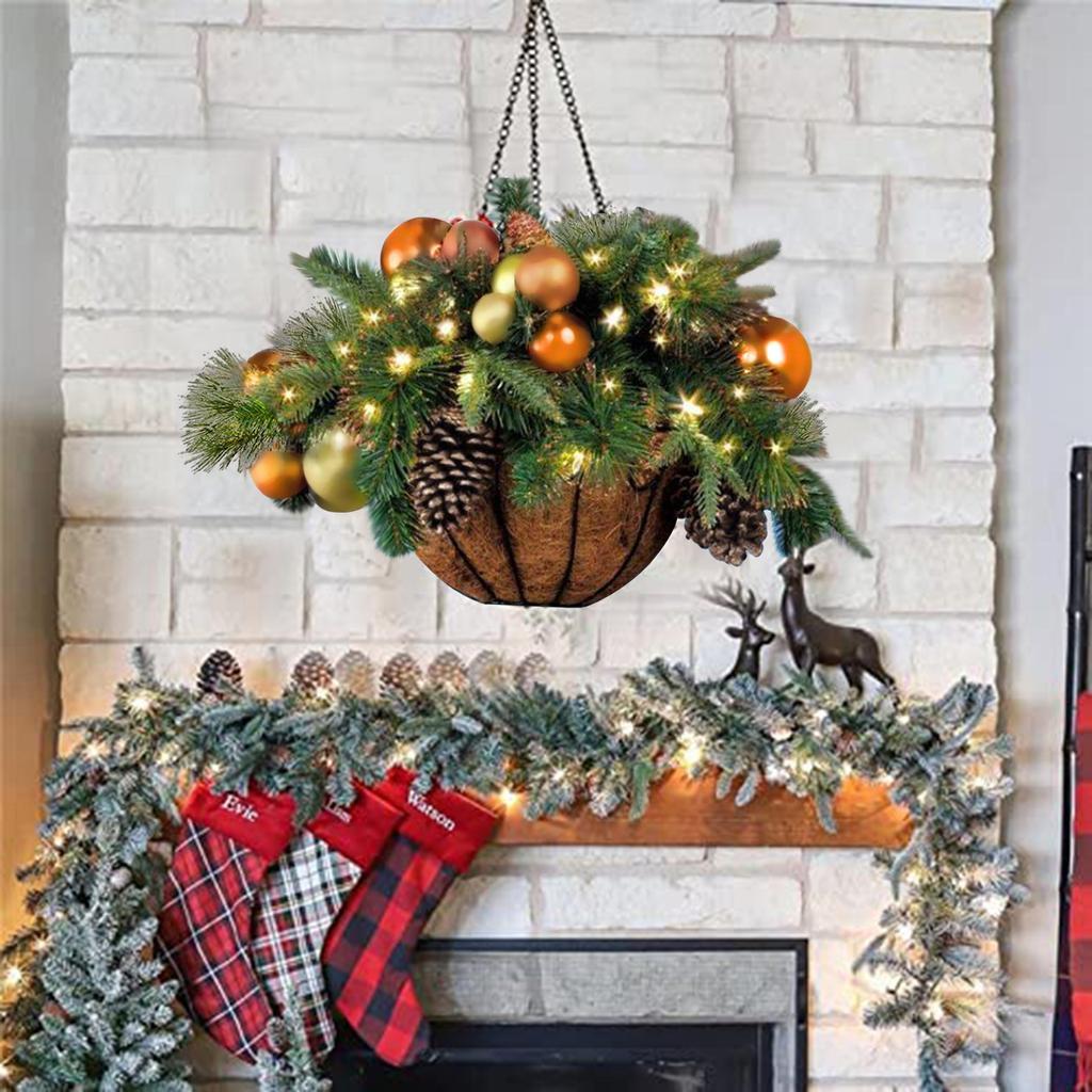 Pre-lit Artificial Christmas Hanging Basket-mixed Decorations And White LED Lights-frosted Berries