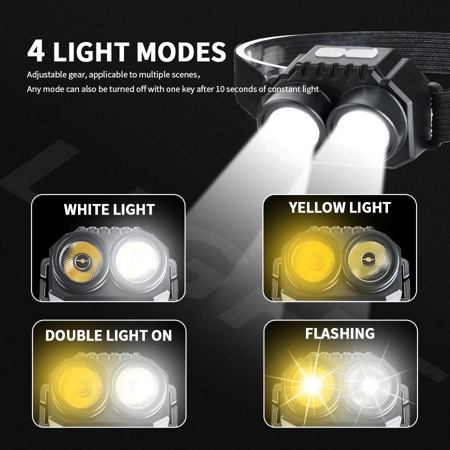 2 COB Yellow Light Dual Light Source Led Headlamp Outdoor Camping Lantern Portable Headlight Head Lamp Usb Head Flashlight Torch