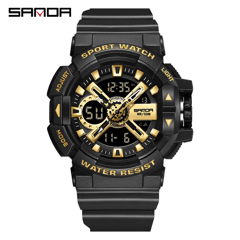 Sanda Men's Dual Display Waterproof Sports Watch: Multifunctional, Luminous, Fashionable, and Versatile for Outdoor Activities.