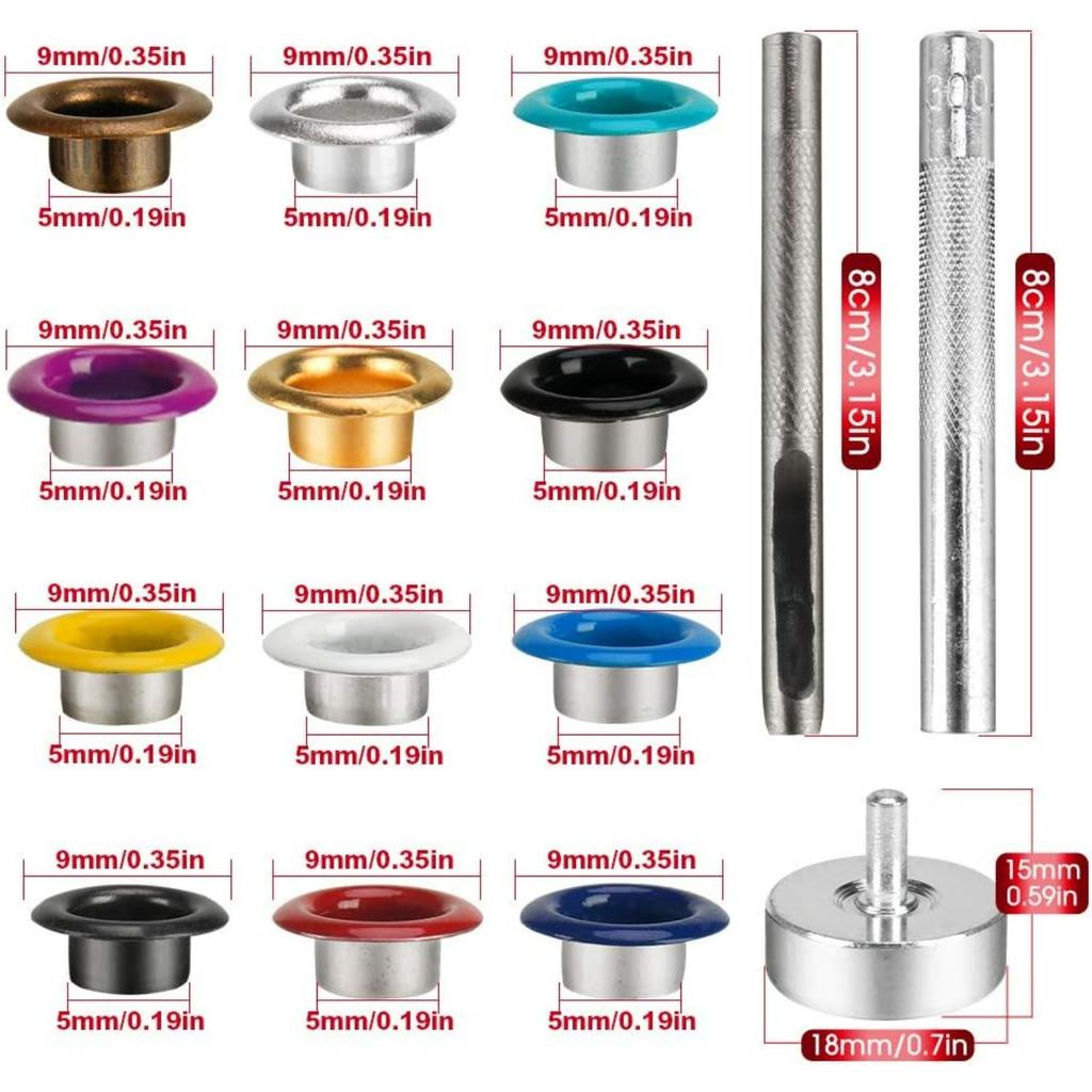 Metal Eyelets, 600Pcs 12 Colors 3/16 Inch Metal Grommets Kit, Multi-Color Grommets Kit, Metal Eyelets Set with 3 Pieces Installation Tool and Storage