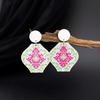 Ethnic Green & Purple 3D Acrylic Vase Earrings with Blue & White Porcelain Pattern
