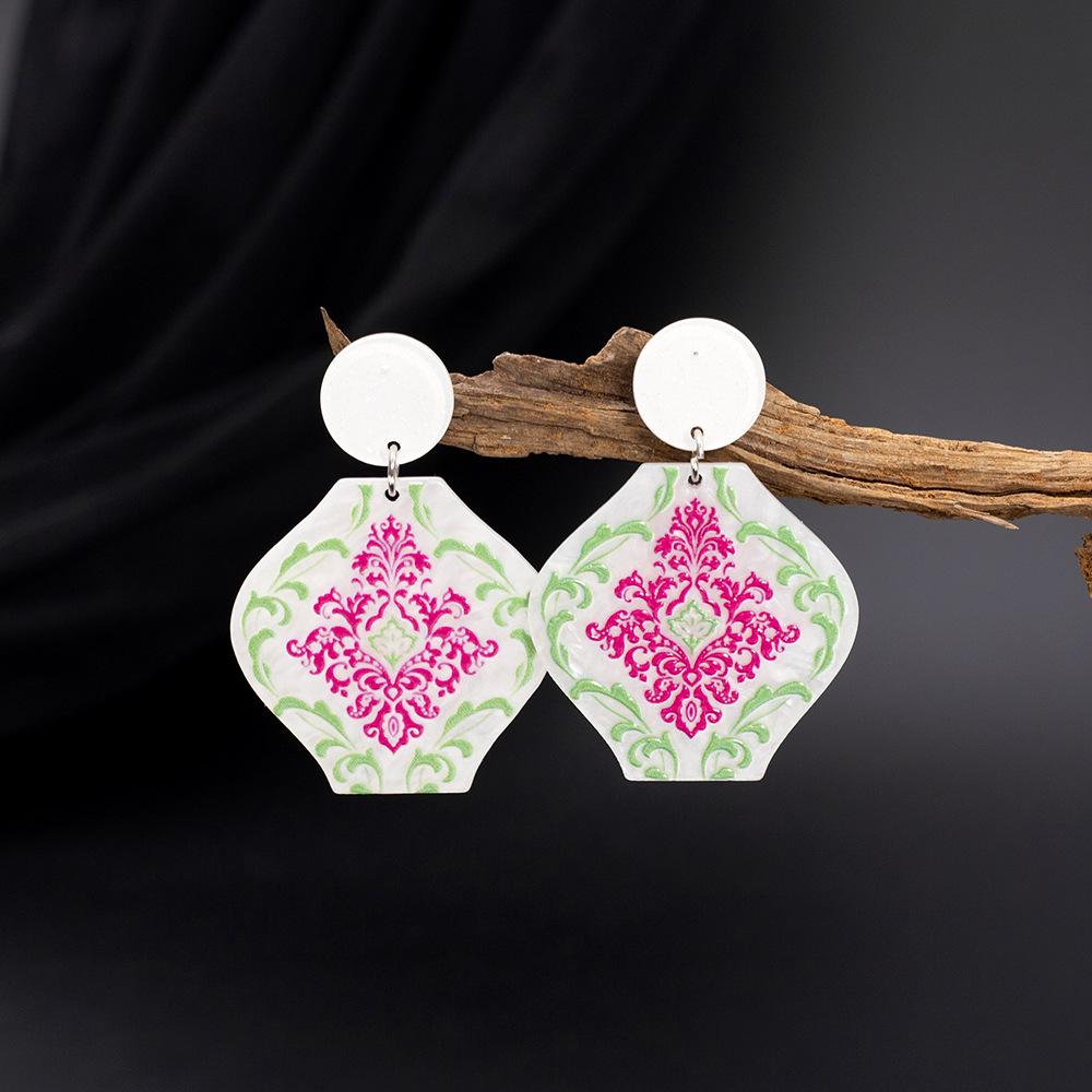 Ethnic Green & Purple 3D Acrylic Vase Earrings with Blue & White Porcelain Pattern