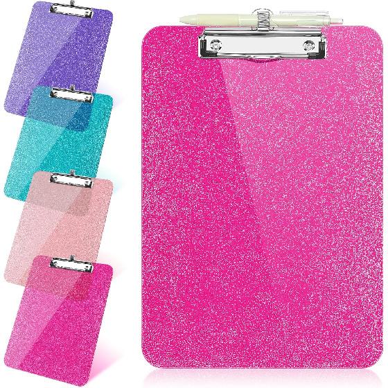1 Pcs Clear Glitter Clipboards, Plastic Clipboard with Pen Holder, Size 8.85 x 12.4 in Shiny Clipboards with Low Profile Clip, Cute Hanging Clipboard