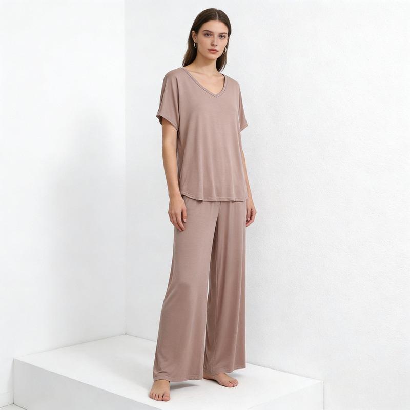 Summer Modal Homewear 2 Piece V-Neck Short Sleeve Tshirt and Wide Leg Pant Ankle Length Loose Sleepwear Set Comfort Pajama Sets