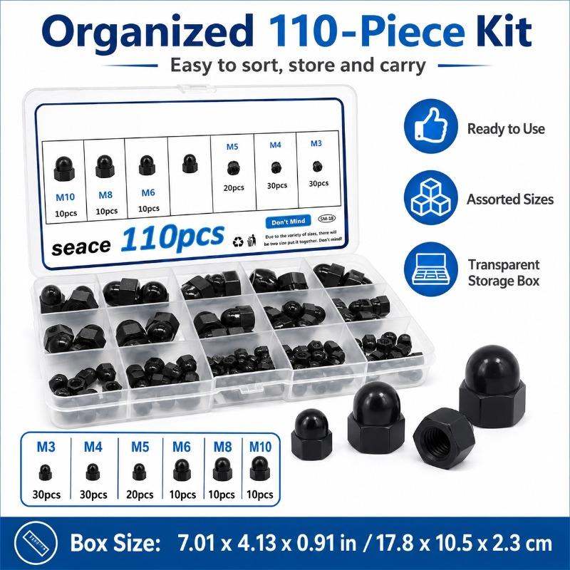 110PCS Black Nylon Acorn Cap Nut Assortment M3-M10 PA66 Dome Hex Nuts Kit with Storage Box for Bolts Screws DIY Repair