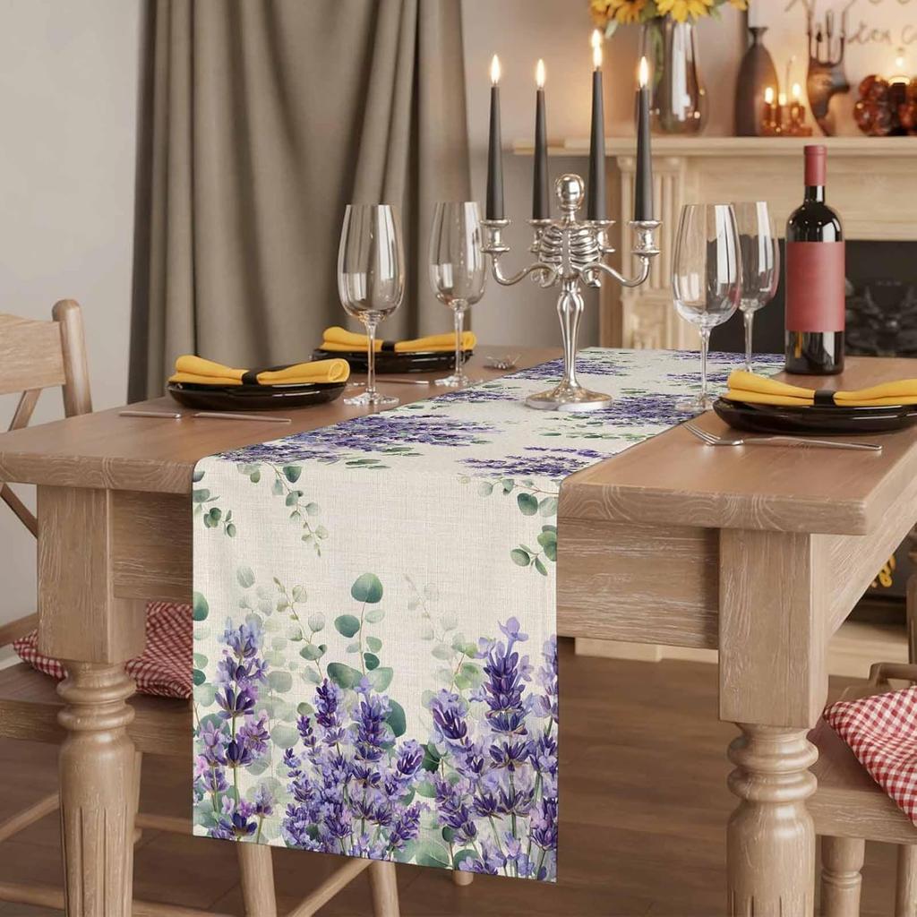 Spring Lavender Eucalyptus Leaves Linen Table Runner Party Decor Watercolor Floral Plant Dining Table Runners Wedding Decoration