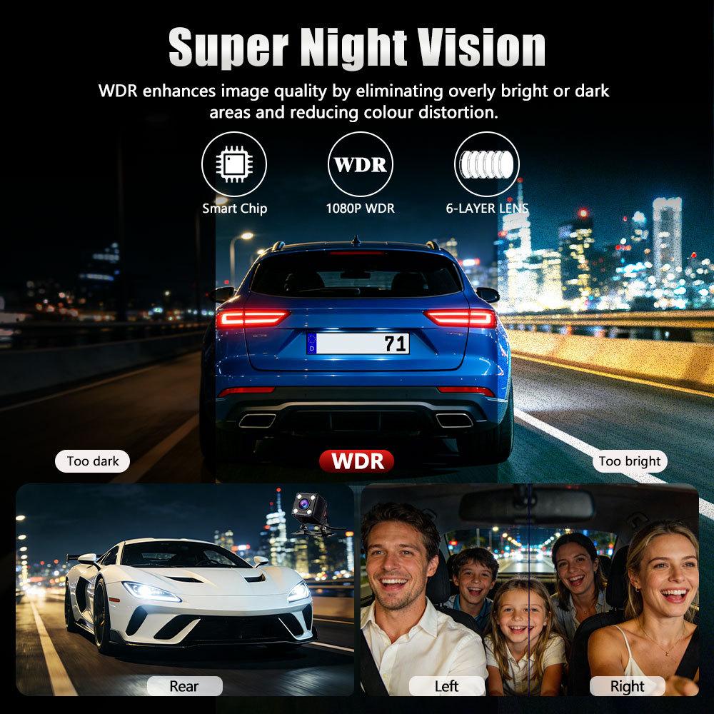 360° autokamera se 4 objektivy pro auta, WiFi aplikace, 1080P, 4-kanálový videozáznamník jízdy, kamera do kabiny a zadní kamera