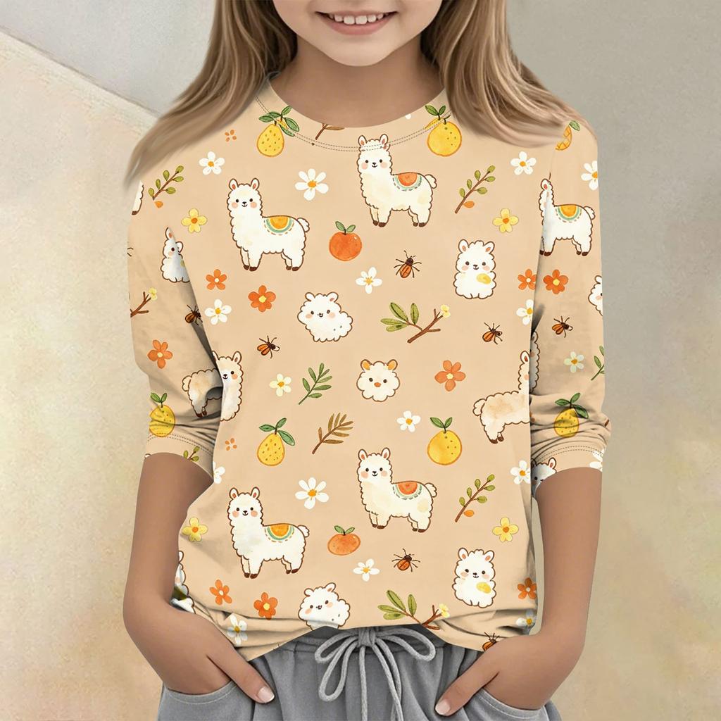 Kinder Tierdruck Rundhals Dreiviertelarm Lässiges T-Shirt Weicher Bequemer Stoff Leichtes Design Geeignet für den Alltag