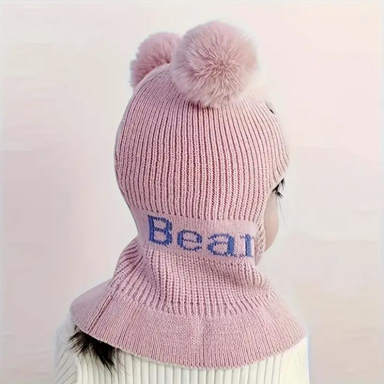 1-8Y Cozy Kids' Bear Ears Mask & Neck Warmer Hat with Pom-Pom Stretchable Winter Warm Coat Accessory for Boys & Girls