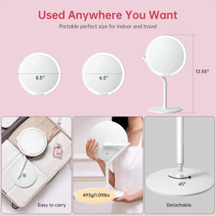 

8 Светодиодное зеркало для макияжа 5 уровней яркости Сенсорное управление Функция памяти Вращение на 180° Съемное маленькое зеркало с 5-кратным увеличением United States