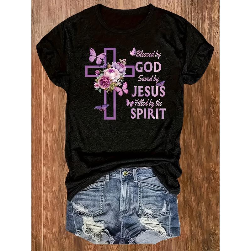 Womens Plus Size Blessed By God Saved By Jesus Filled By The Spirit T Shirt Vibrant Purple Floral Butterfly Design Casual Crew Neck Medium Stretch