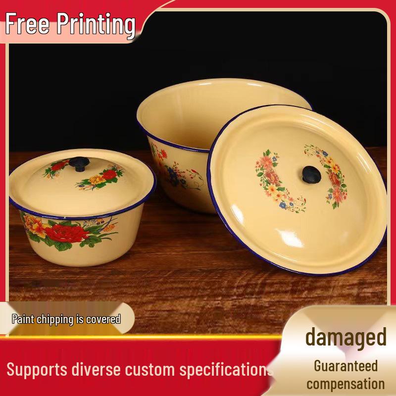 Enamel Bowl with Lid: Versatile for Cake Preservation, Washbasin, Soup, Dumpling Filling, Dough Kneading, and Boiling Medicine.