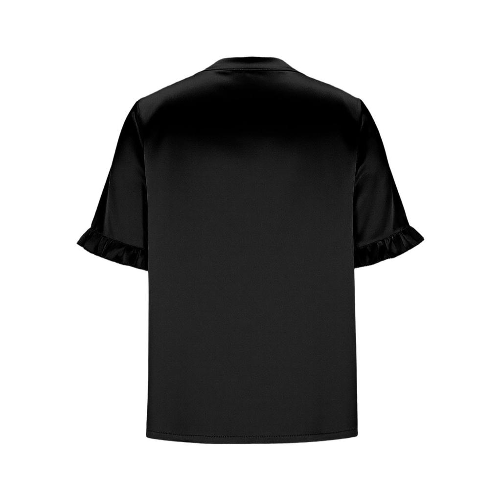 Damen Kurzarm V-Ausschnitt Plissee Bluse Satin Rüschenmanschette Oberteil Lockerer Schnitt Elegantes Basic Hemd für Tägliches Tragen Büro