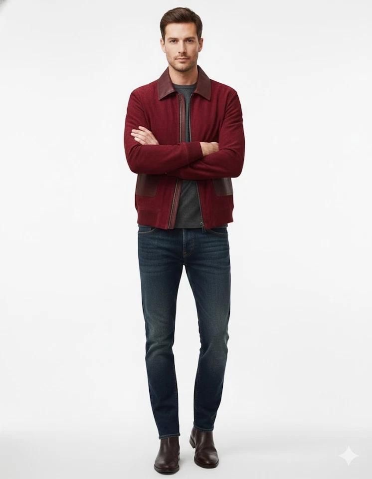Burgundy Handmade Stylish Bomber Suede Lambskin Leather Jacket Biker Men's Fit