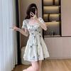 Coffee Break French Square Neck Dress Women's Summer Temperament Printed Short Sleeve Fairy Dress First Love Dating Waist A-shaped Dress