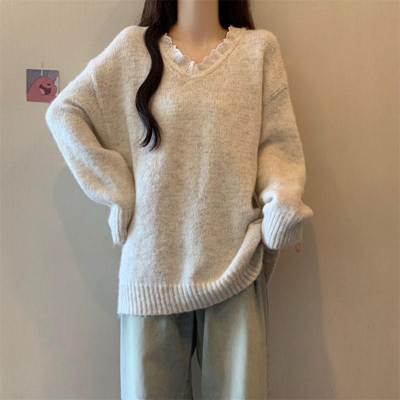 Dámský svetr s krajkou a výstřihem do V, volný úplet, nadměrná velikost