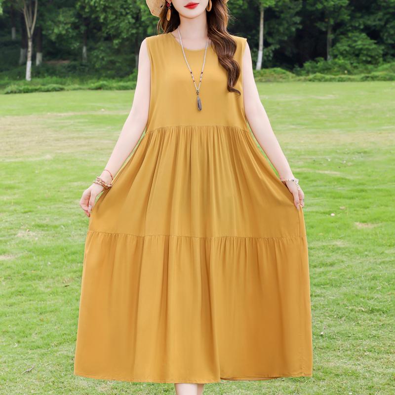 Elegant Sleeveless Dress for Women Plus Size Loose Vintage Print Long Dress Summer Middle-aged Women's Clothing
