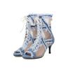Fashion Women's New European and American Denim Mesh Spring/Summer Lace Lace Lace High Heel Size Open Toe Fish Mouth Cool Boots