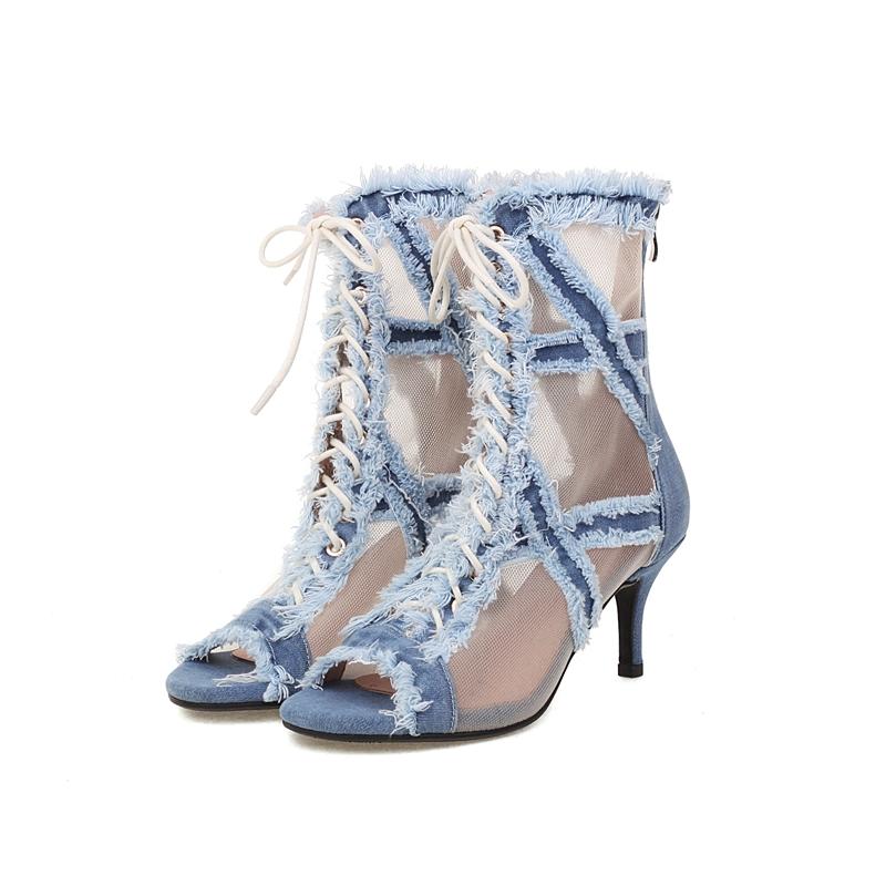 Fashion Women's New European and American Denim Mesh Spring/Summer Lace Lace Lace High Heel Size Open Toe Fish Mouth Cool Boots
