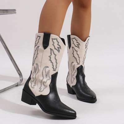 Nuove stivali da donna autunno e inverno, a tubo medio, con ricami, colore denim western, abbinamento colori, tacco spesso a punta