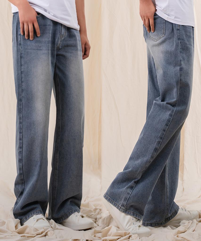 Ellamo (Short/Standard 2-Step Heel +5Cm) Men'S Washed Wide Elastic Denim Pants [Light Blue]