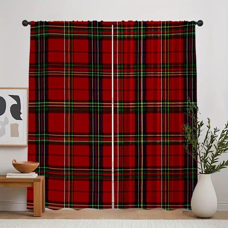 

Modern checkered printed curtains, pole bag curtains, bedroom and living room decoration, home decoration, Christmas decoration 14Wx39L(35x100CM)x2&Rod Pocket