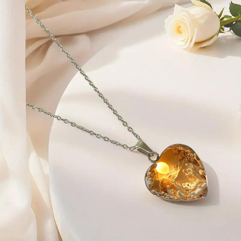 Love Shaped Glass Alloy Pendant Necklace, Fashionable Sweater Chain