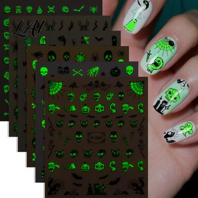Nail Art Embellishments 6 Sheets Halloween Glow-in-the-dark Sticker Spooky Ghost Pumpkin Skull Manicure Supplies Decal DIY Decoration Party
